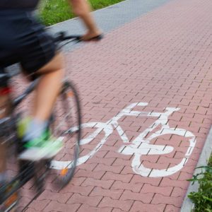 Uma pessoa andando de bicicleta em uma ciclovia pavimentada vermelha marcada com um s&iacute;mbolo de bicicleta branca, com grama vis&iacute;vel ao longo da borda do caminho.