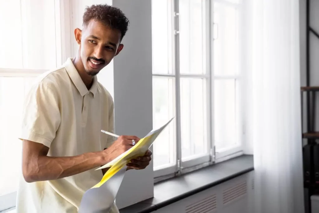 Imagem de um jovem de cabelos curtos e cacheados, vestindo uma camiseta polo clara, ao lado de grandes janelas, sorrindo e escrevendo em papéis com uma caneta. A luz natural preenche o cômodo.