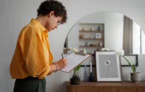 Imagem de uma pessoa de cabelos cacheados vestindo uma camisa amarela conduzindo uma vistoria de imóvel, escrevendo em uma prancheta enquanto está em uma sala moderna com um grande espelho redondo, plantas e arte emoldurada ao fundo.