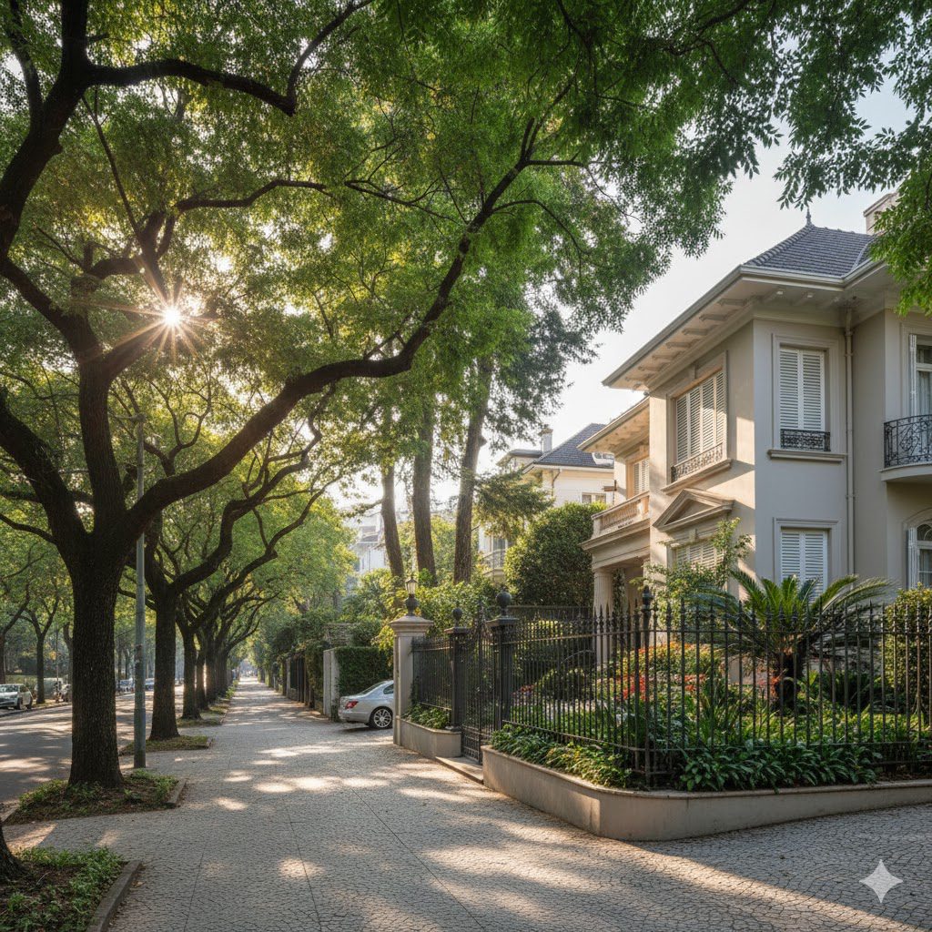 Uma rua residencial tranquila e arborizada, com a luz do sol passando por entre os galhos frondosos, lançando sombras na calçada - típica dos 20 bairros mais caros de SP - onde casas modernas com jardins e cercas bem cuidados se alinham do lado direito.