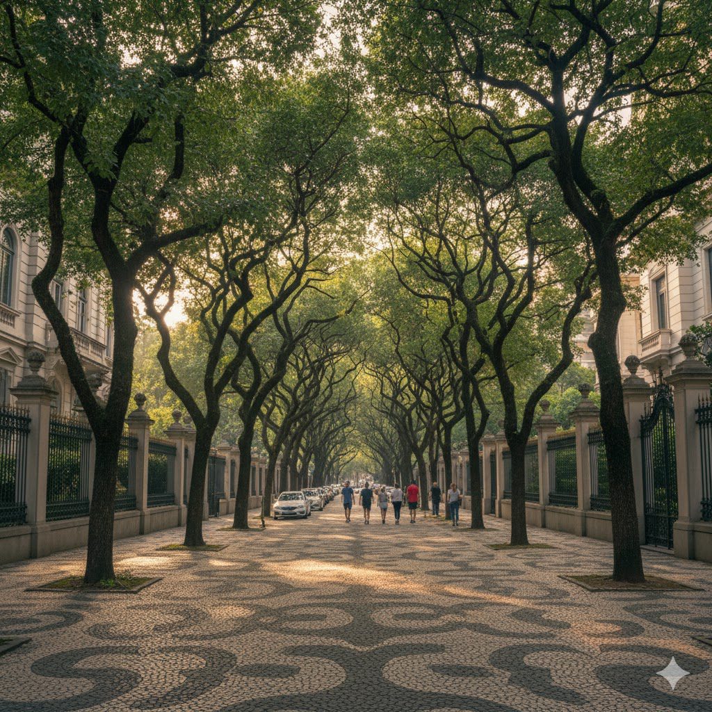 Uma avenida arborizada em um dos bairros mais caros de SP, com calçamento de pedras padronizadas, pessoas passeando no centro, carros estacionados nas laterais e a luz do sol filtrando através da densa folhagem verde em um ambiente urbano.