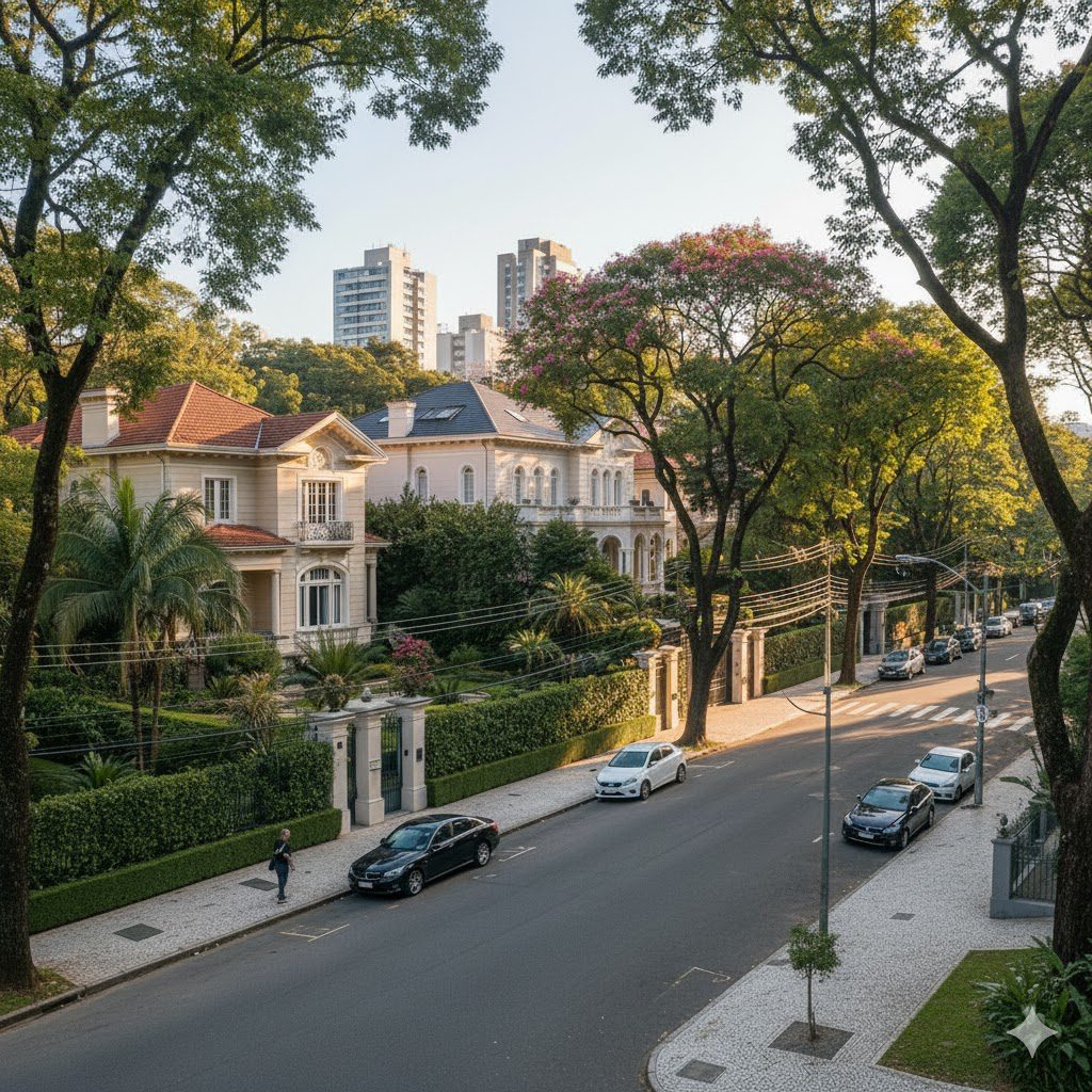 Uma rua residencial arborizada em um dos bairros mais caros de SP, com casas de luxo, jardins bem cuidados e carros estacionados. Prédios altos de apartamentos surgem ao fundo enquanto uma pessoa caminha pela calçada sombreada sob um céu claro.