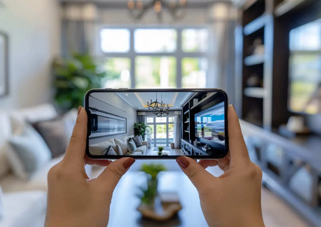 Uma pessoa segura um smartphone, tirando uma foto de uma sala de estar moderna e iluminada com um sofá, lustre e janelas grandes - mostrando como uma imobiliária digital pode capturar e apresentar propriedades elegantes com perfeição.