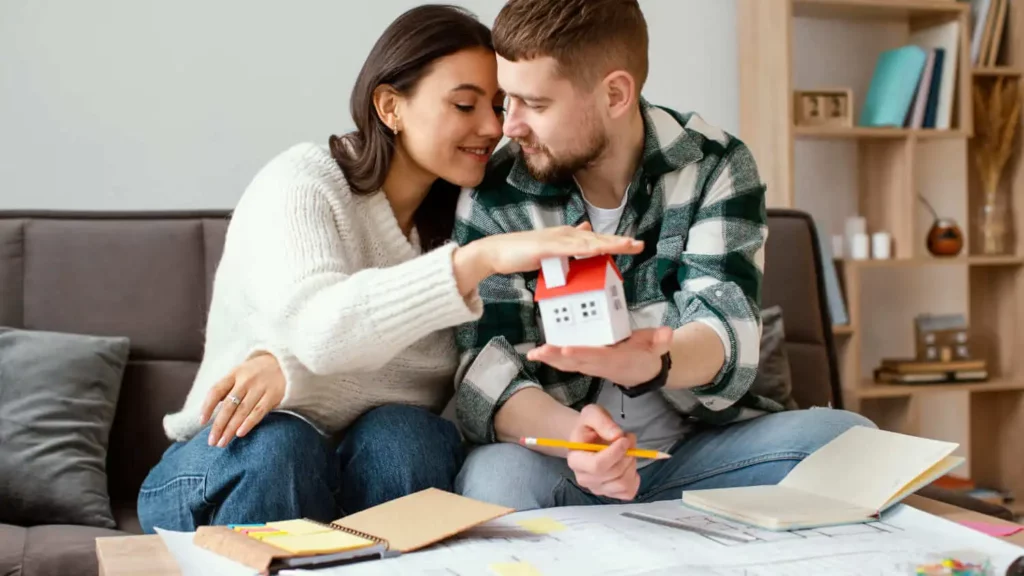 Imagem de um casal sorridente sentados em um sofá enquanto segura um modelo de casa para ilustrar matéria sobre vantagens e desvantagens da portabilidade de financiamento imobiliário