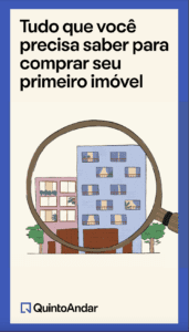 Imagem da capa do guia. Nela está escrito: "Tudo que você precisa saber para comprar seu primeiro imóvel" e o desenho de uma casa e um apartamento.