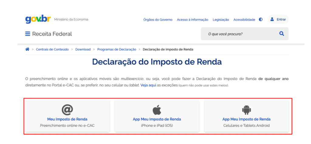 Captura de tela da aba "bens e direitos" do site da Receita Federal.