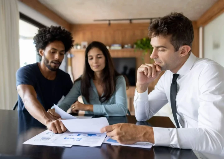 Imagem de um casal formado por um homem e uma mulher conversando com um profissional especializado no ramo imobiliário para ilustrar matéria sobre inventário de imóvel