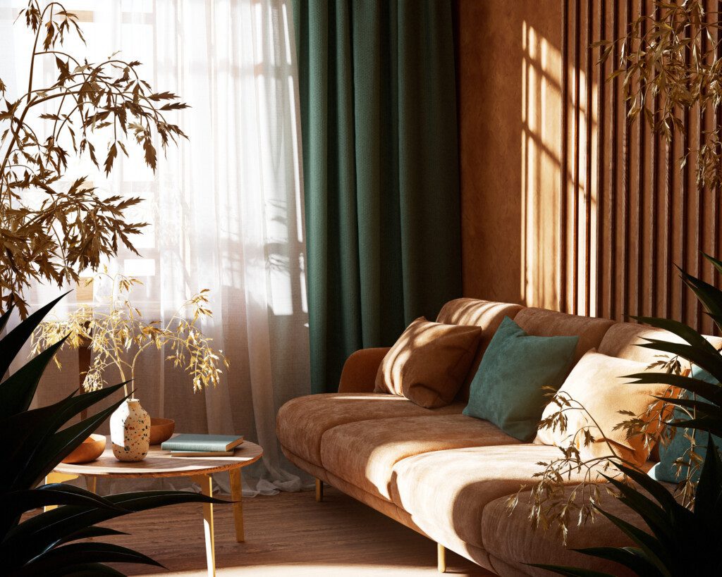 Sala rústica e aconchegante com sofá de veludo e mesa redonda.