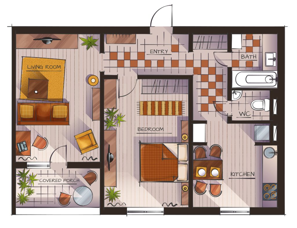  A imagem mostra um exemplo de planta humanizada. Uma planta humanizada é um desenho arquitetônico que mostra os ambientes de cima, sinalizando tudo o que vai ter nele, como sofá, cama, mesa, cadeiras e outros elementos.