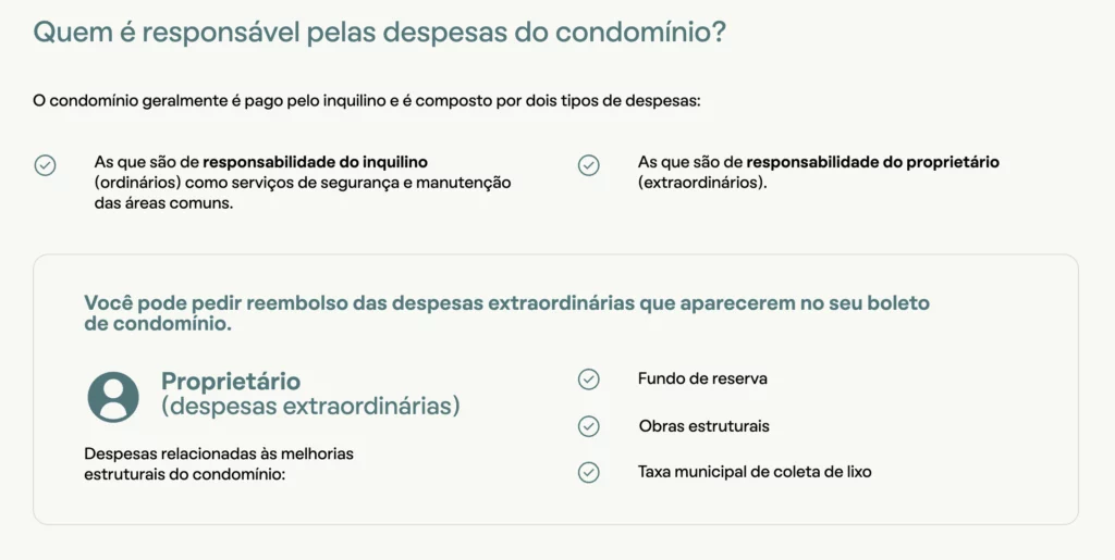 Imagem explicando quem é responsável pelas despesas do condomínio, conforme a Lei do Inquilinato. Mostra que o inquilino paga despesas ordinárias e o proprietário arca com despesas extraordinárias, como fundo de reserva e taxa de lixo.