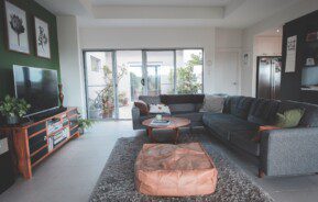 A imagem mostra uma sala grande com uma decoração com tons escuros. A parede lateral é verde com dois quadros pendurados, possui um rack de madeira com TV e um vaso de planta do lado, um sofá de couro cinza, uma mesa de centro de madeira e um puff.