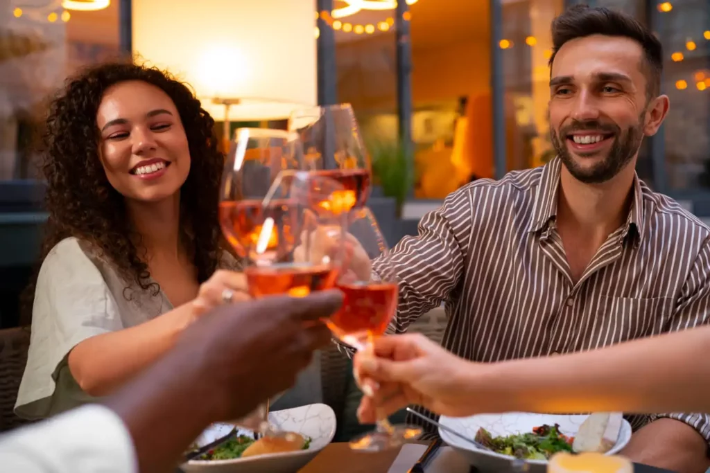 Imagem de amigos sentados em uma mesa durante uma refeição em um restaurante brindando com taças de vinho para ilustrar matéria sobre a zona oeste de São Paulo