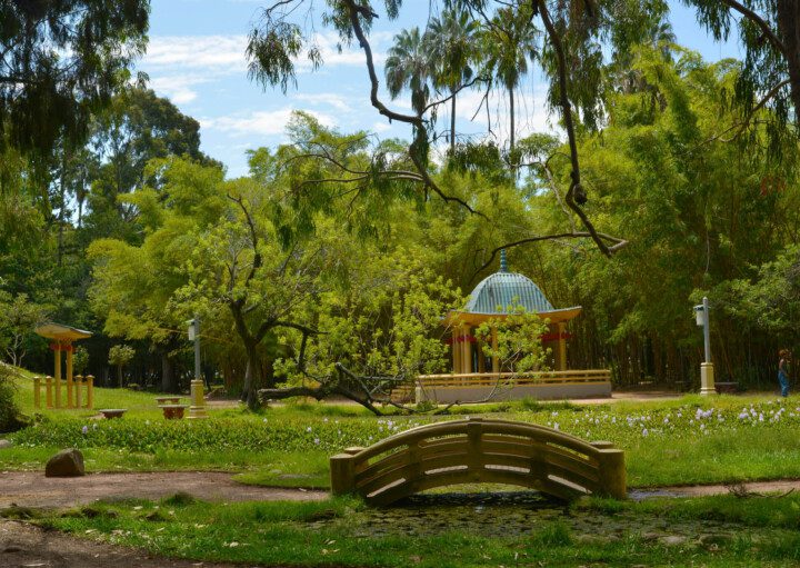 Foto que ilustra matéria sobre Parques em Porto Alegre mostra um recanto do Parque Farroupilha, com uma pequena ponte ao centro, um coreto ao fundo e muitas árvores no entorno.