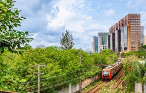 Foto que ilustra matéria sobre mapa trem sp mostra uma linha ferroviária com um trem em movimento com grama e árvores verdes dos lados