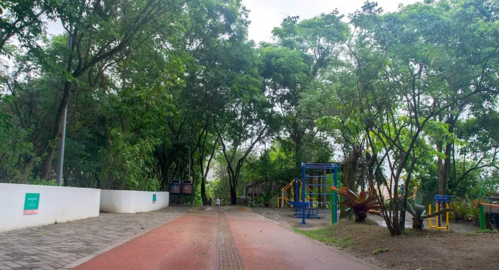 Imagem de uma trilha arborizada ao ar livre no Parque Municipal das Águas, um parque em Niterói, mostra aparelhos de ginástica no lado direito cercados por uma parede branca e uma passarela pavimentada, tudo em um ambiente de parque.