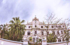 Foto que ilustra matéria sobre escolas em Novo Hamburgo (RS) mostra a fachada do Colégio Santa Catarina por trás das folhas verdes e galhos de árvores.