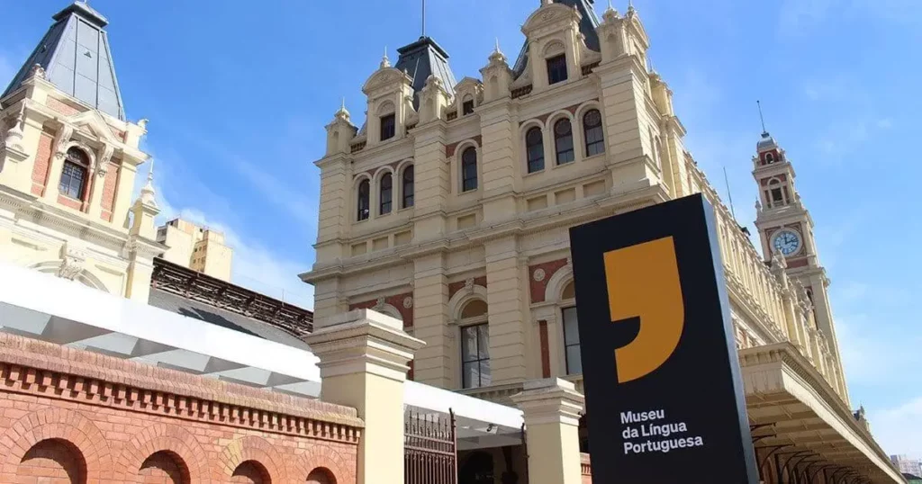 Imagem do exterior do Museu da Língua Portuguesa, um dos museus em São Paulo