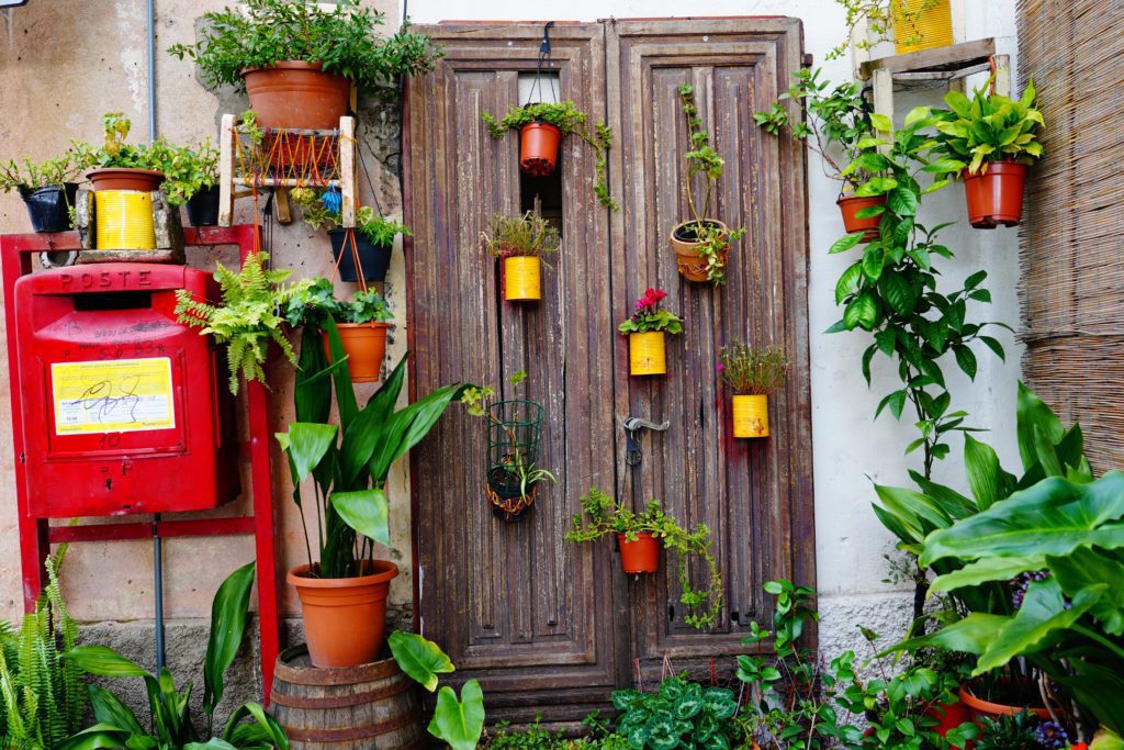 Plantas suspensas em vasos coloridos