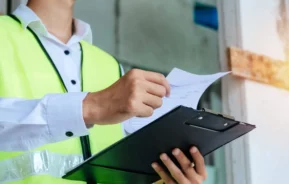Imagem de uma pessoa vestindo um colete de segurança amarelo examinando documentos em uma prancheta, parecendo revisar um memorial descritivo ou outra papelada em um canteiro de obras. Somente a parte superior do corpo e as mãos estão visíveis.