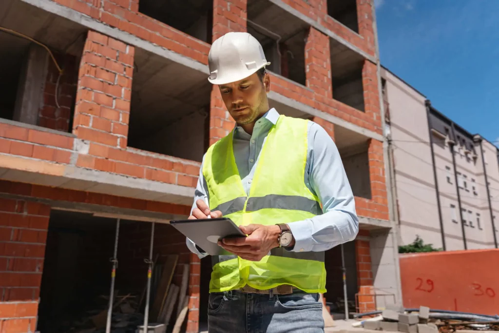Imagem de um trabalhador da construção civil usando capacete branco e colete de segurança amarelo escrevendo em uma prancheta enquanto está em frente a um prédio de tijolos