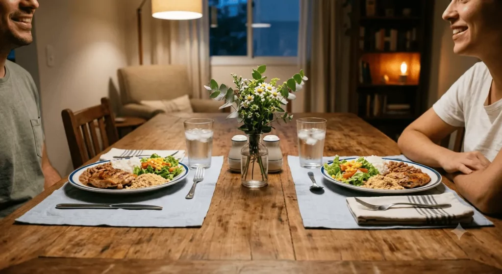 Imagem de duas pessoas sentadas à mesa de madeira posta para o jantar, com pratos de comida, copos de água e um vaso de flores no centro