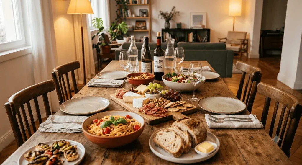 Imagem de uma mesa de jantar rústica está posta para uma refeição com macarrão, pão, salada, queijo, frutas, vinho e água em uma sala de estar aconchegante e com iluminação suave. Quatro lugares à mesa mostram como montar uma mesa de jantar, com guardanapos e copos dispostos de maneira organizada.