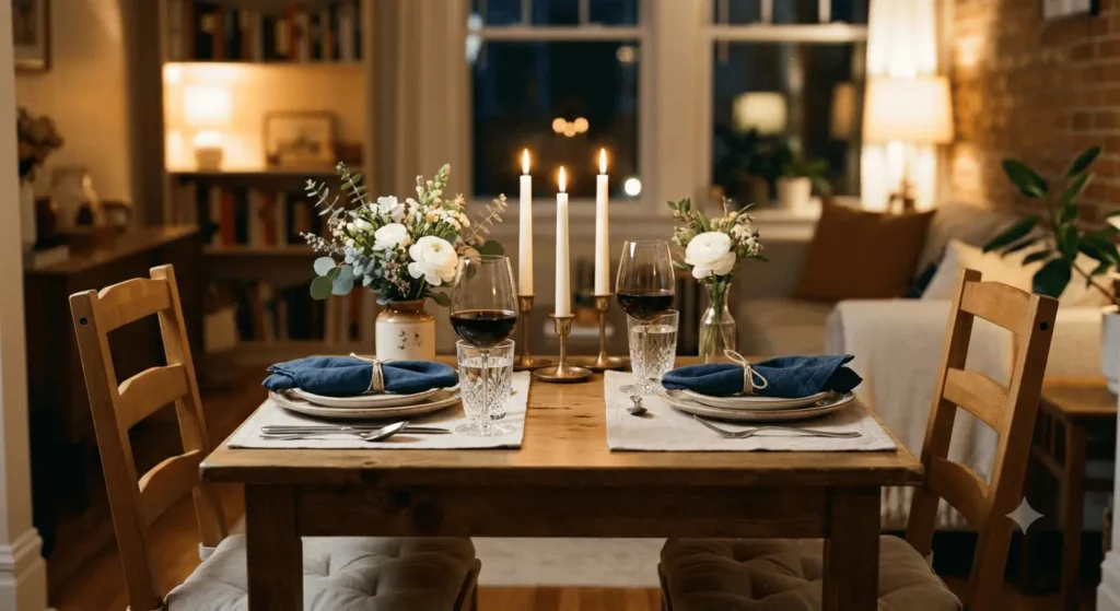 Imagem de uma mesa de jantar posta para duas pessoas, com velas, taças de vinho, pratos, talheres, guardanapos azuis e arranjos florais no centro