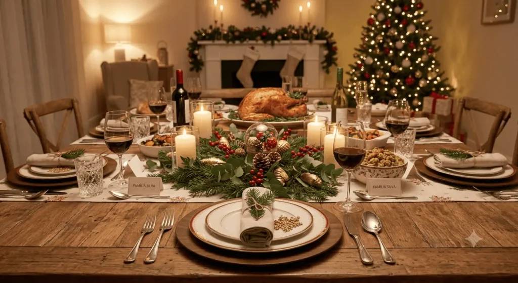 Imagem de uma mesa de jantar festiva para as festas de fim de ano está posta com velas, pratos, taças de vinho e um arranjo central. Uma árvore de Natal enfeitada e uma lareira acesa com meias de Natal aparecem ao fundo