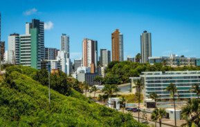 Foto que ilustra matéria sobre os bairros mais seguros de Salvador mostra uma visão panorâmica do bairro de Ondina, com diversos prédios altos e regiões arborizadas.