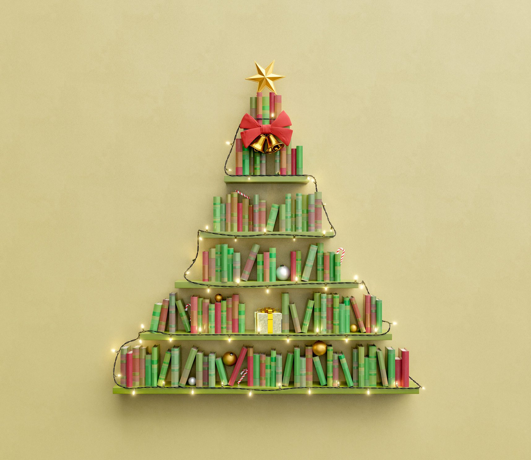 Monte a sua árvore de Natal com prateleiras e livros na parede. 