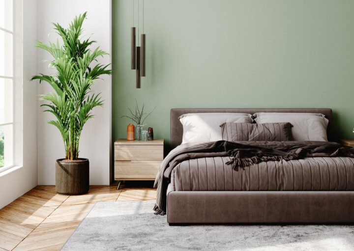 Imagem de um quarto com cama de casal encostada em uma parede verde, mesa de cabeceira e um vaso de planta.