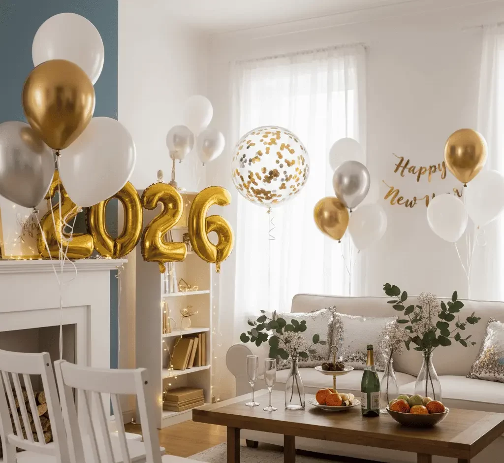 Imagem de uma sala de estar com decoração de ano novo com balões dourados e brancos, uma faixa de Feliz Ano Novo, champanhe, taças e frutas dispostas em uma mesa de centro de madeira.