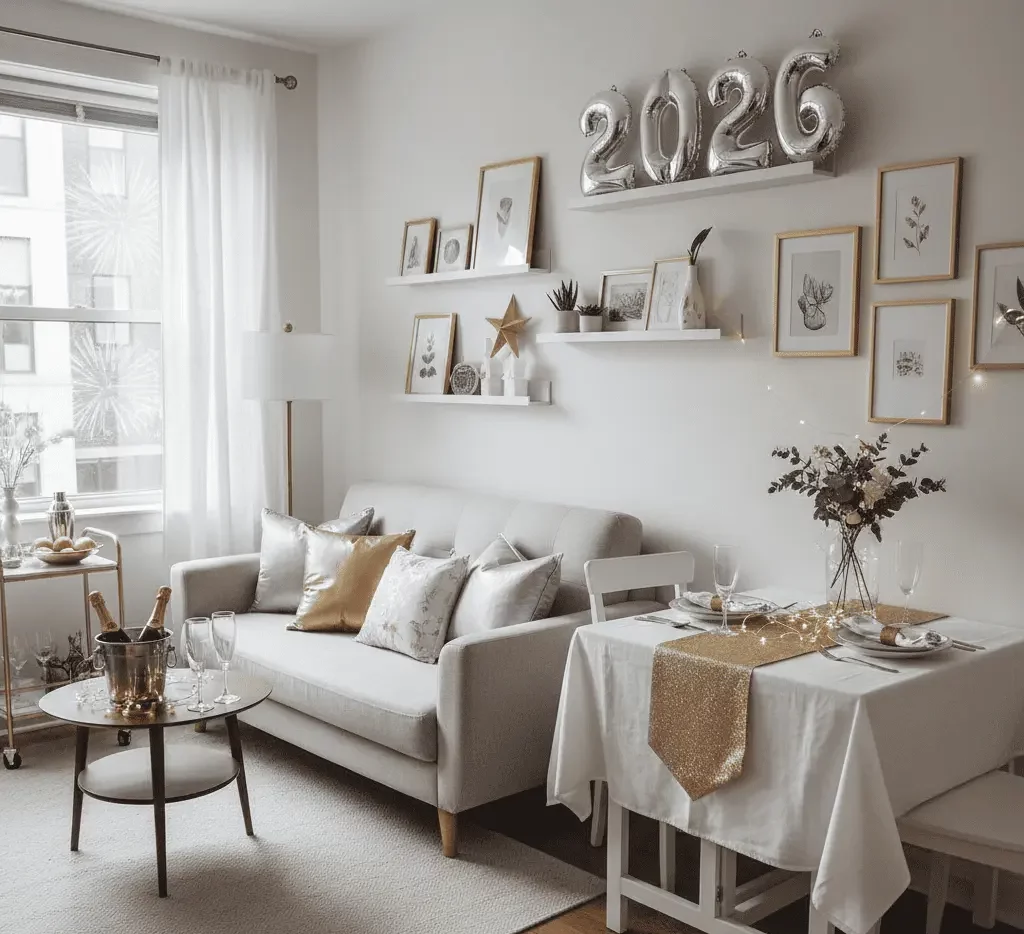 Imagem de uma sala de estar moderna com decoração de ano novo, com balões prateados de 2026, detalhes em dourado, uma pequena mesa de jantar com toalha de mesa branca, um sofá aconchegante e louças festivas para uma comemoração de ano novo perfeita.