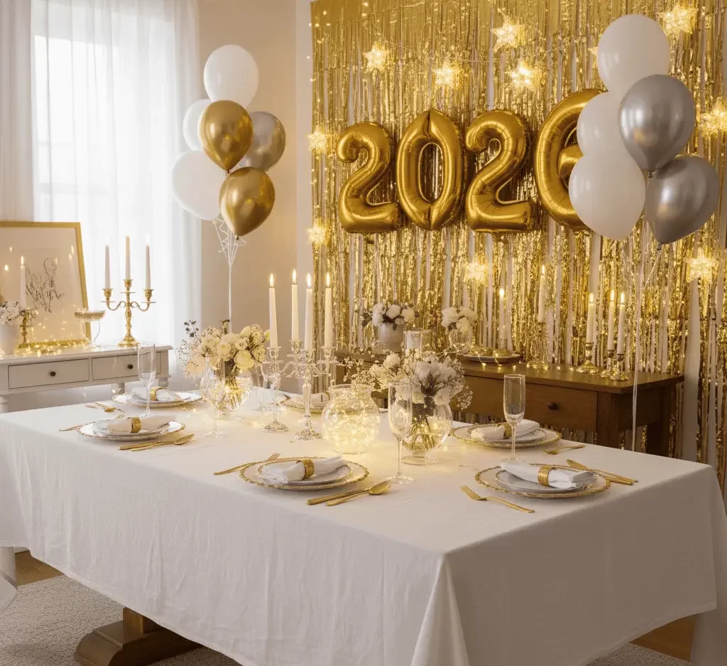 Uma sala de jantar festiva decorada para a véspera de Ano Novo apresenta uma elegante decoração de ano novo com balões dourados e brancos, balões dourados "2026", velas, flores e uma mesa posta com louças brancas e douradas elegantes.