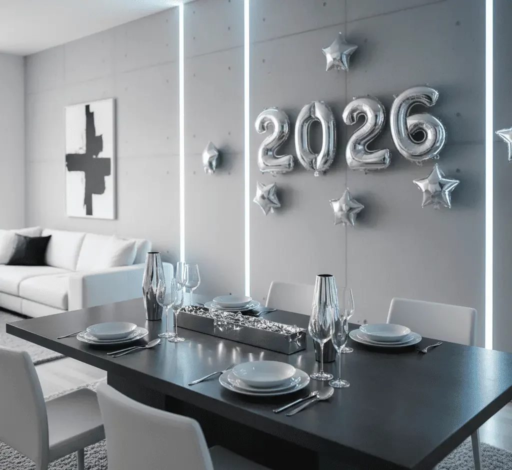 Imagem de uma sala de jantar moderna apresenta decoração ano novo com balões prateados com a inscrição 2026 e estrelas em uma parede cinza, uma mesa de jantar com pratos e copos brancos e um sofá acentuado por arte abstrata ao fundo.