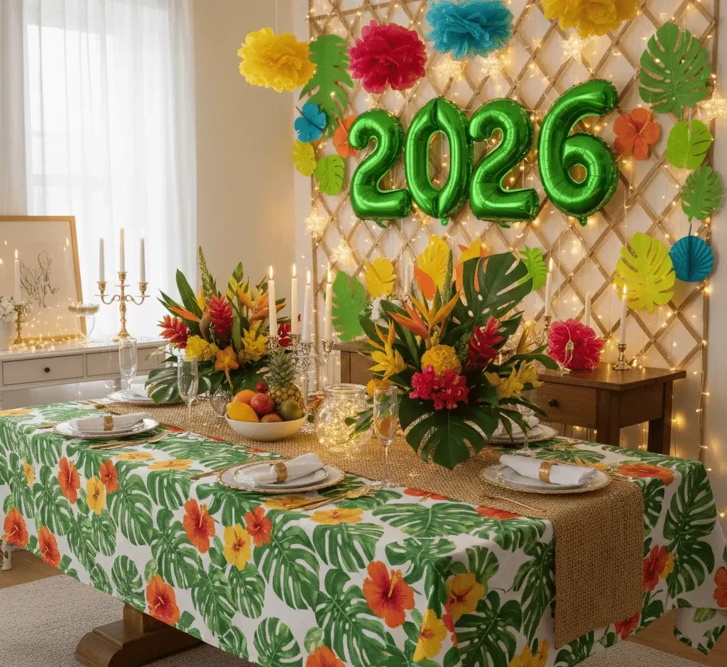Imagem de uma mesa festiva com tema tropical, com uma toalha de mesa colorida de hibisco, centros de mesa florais, velas e balões verdes
