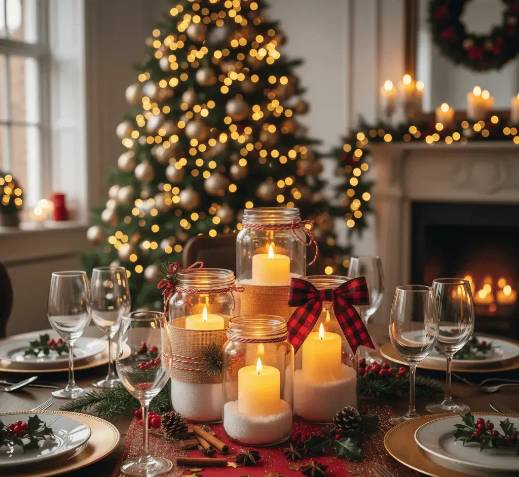 Imagem de uma mesa posta para o Natal mostra velas em potes, pratos e decorações natalinas. Uma árvore de Natal brilha ao lado de uma lareira acesa e uma guirlanda na lareira.