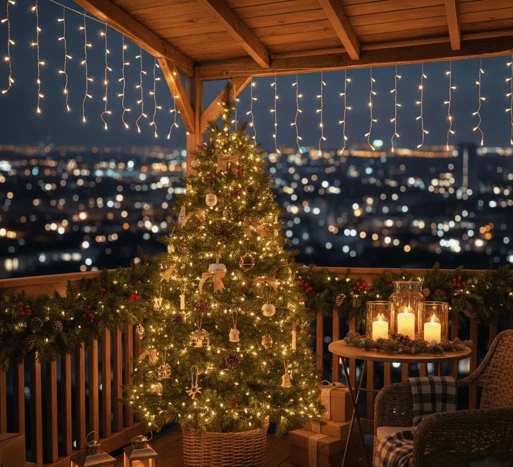 Imagem de uma árvore de Natal decorada com luzes cintilantes em uma varanda aconchegante, cercada por presentes embrulhados, velas em uma mesa e guirlandas festivas com vista para o horizonte da cidade à noite.