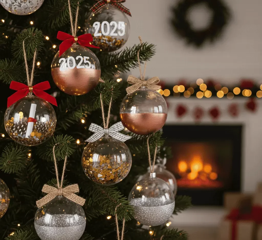 Imagem de uma árvore de Natal decorada com enfeites transparentes cheios de confete dourado e laços. Uma lareira e uma coroa de flores são vistas embaçadas no fundo aconchegante.
