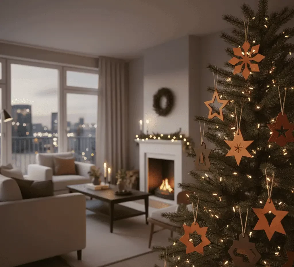 Imagem de uma sala de estar aconchegante decorada para o Natal com uma lareira acesa, velas e uma árvore de Natal adornada com enfeites de couro no formato de estrelas e flocos de neve. Grandes janelas mostram a paisagem urbana do lado de fora.