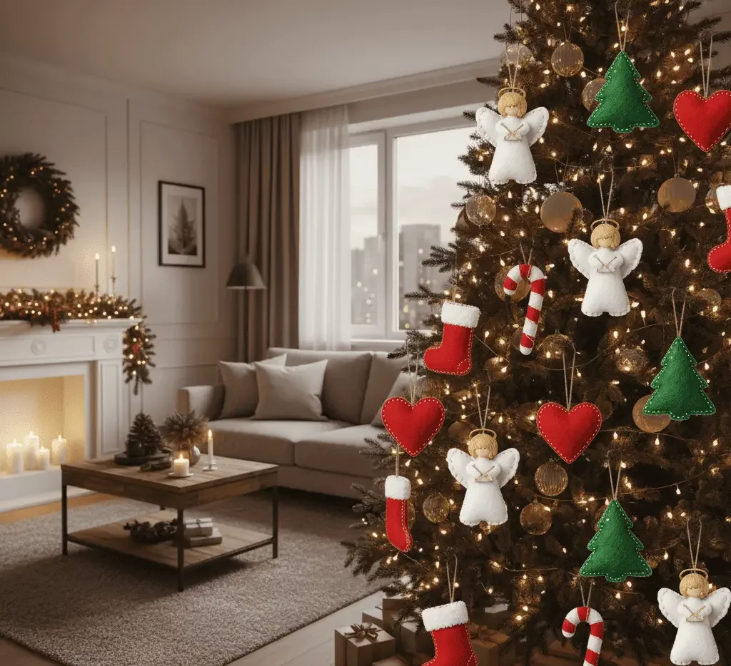 Imagem de uma sala de estar aconchegante decorada para o Natal com uma árvore iluminada adornada com enfeites de feltro em formato de anjos, corações, meias e bengalas doces. Os presentes descansam sob as velas brilhantes na lareira.