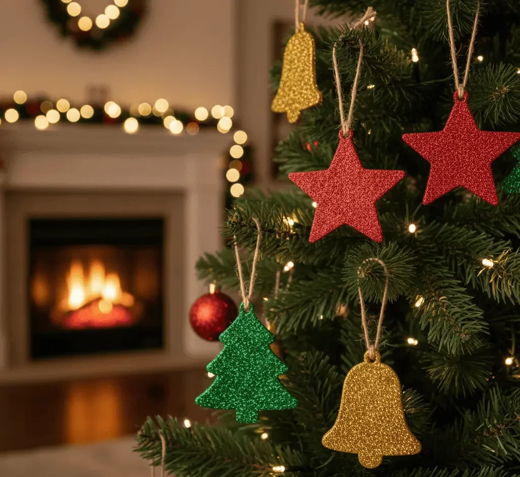 Close-up de Imagem de uma árvore de Natal decorada com enfeites de garrafa PET. Ao fundo, uma lareira acesa e luzes festivas criam uma atmosfera calorosa de férias.