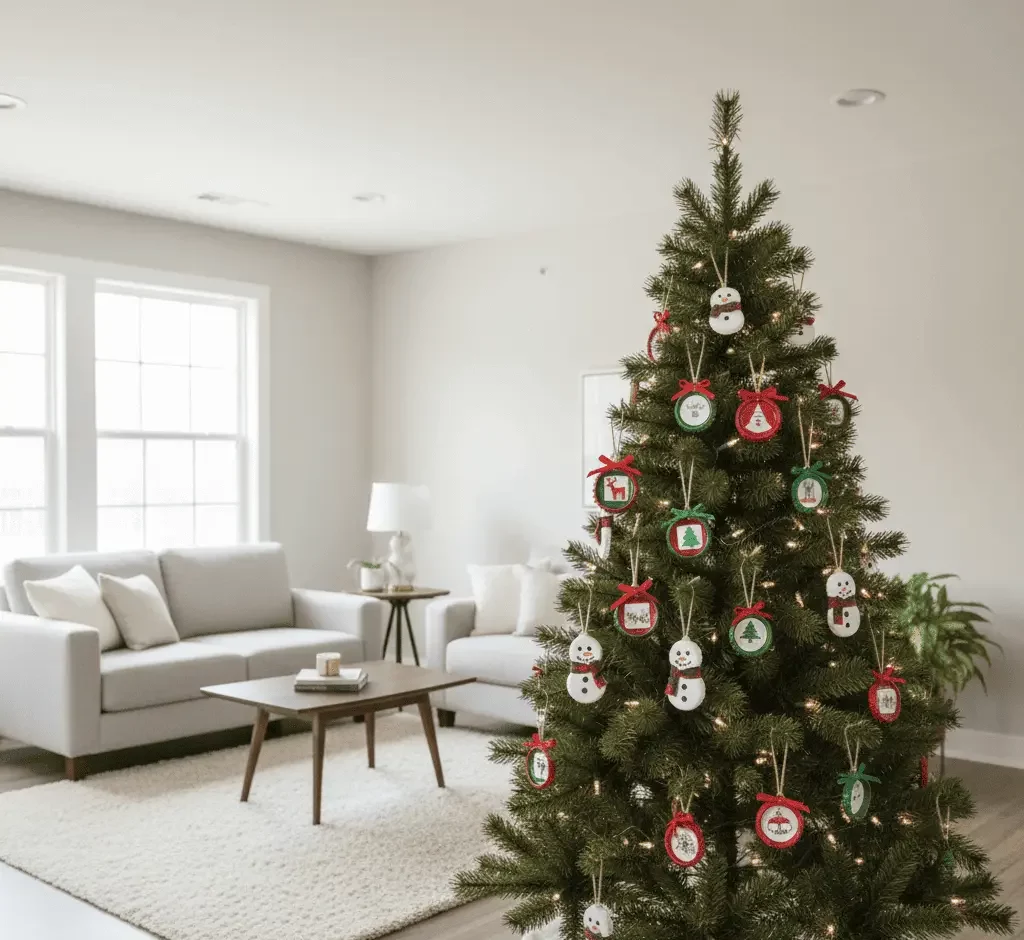 Imagem de uma árvore de Natal decorada com enfeites de tampinhas em uma sala de estar moderna e bem iluminada com um tapete branco, sofá claro, mesa de centro e janelas grandes.