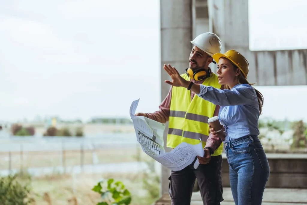 Imagem de dois trabalhadores da construção civil, usando capacetes de segurança, analisam os planos de construção. Um deles segura as plantas e usa um colete de segurança, enquanto o outro gesticula em direção à área de construção, segurando uma xícara de café