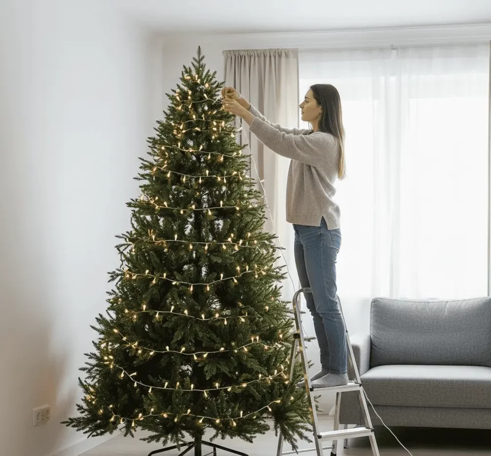 Imagem de uma mulher em pé em um banquinho, mostrando como montar uma árvore de Natal enquanto com pisca-pisca. Um sofá cinza e cortinas transparentes são visíveis ao fundo.