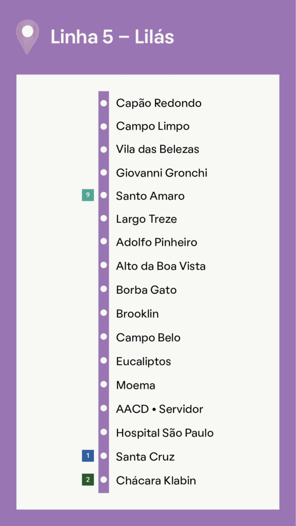 Imagem para ilustrar um mapa com as estações da Linha 5 - Lilás do Metrô de SP para uma matéria sobre o Terminal Santo Amaro