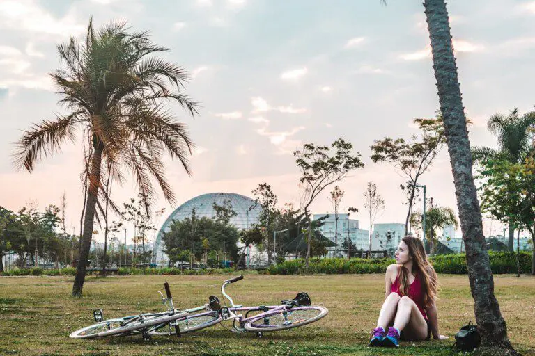 Imagem de uma jovem com roupas esportivas sentada no gramado do Parque Villa-Lobos, em São Paulo, perto de uma palmeira, ao lado de uma bicicleta deitada de lado cercada por edifícios modernos e árvores sob um céu nublado