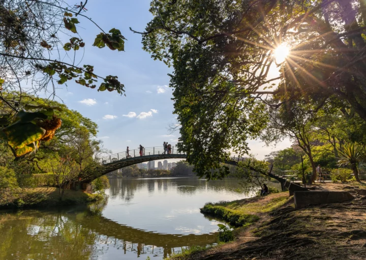 Imagem de pessoas passando por uma ponte no Parque Ibirapuera para ilustrar matéria sobre parques em SP