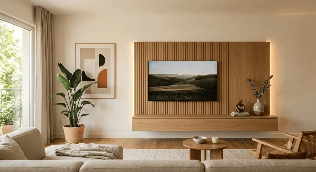 Imagem gerada por inteligência artificial e usada para fins ilustrativos de uma sala de estar moderna com um sofá bege, mesa de centro de madeira, vaso de planta, obra de arte abstrata na parede e uma TV fixada na parede em uma parede de destaque em madeira