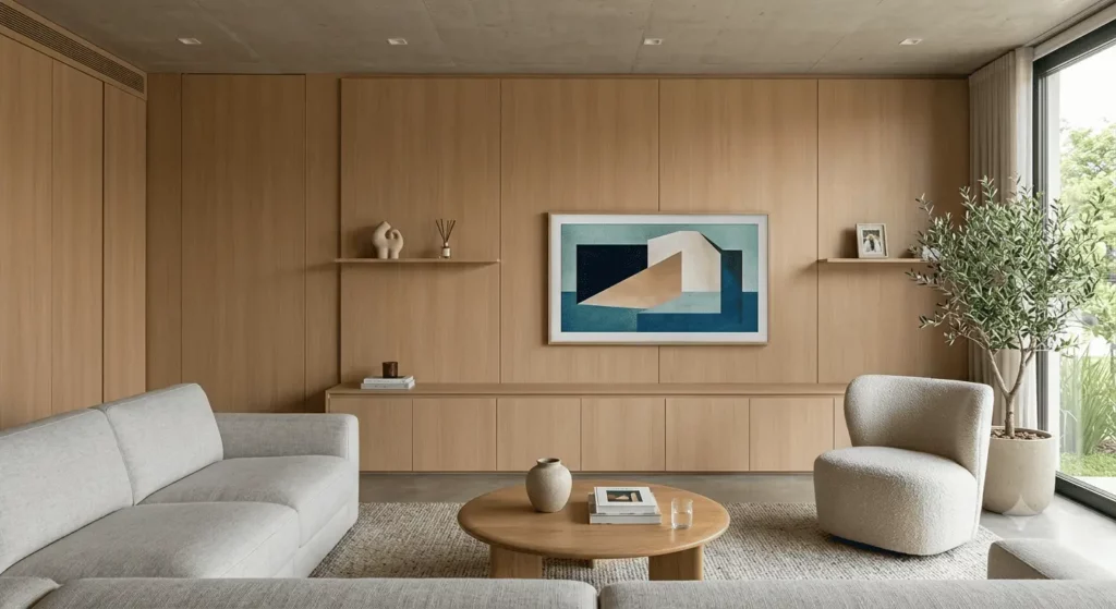 Imagem gerada por inteligência artificial e usada para fins ilustrativos de uma sala de estar moderna com paredes revestidas por painéis de madeira clara, estantes minimalistas, sofás em tons neutros, uma mesa de centro redonda com elementos decorativos, obras de arte abstratas e uma grande janela que deixa entrar luz natural.